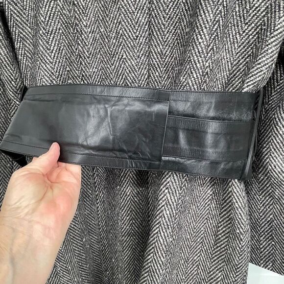 Mackage Gray Black Leather Belted Herringbone Wool Blend Pea Coat Size Large NWT - Picture 12 of 15